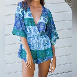 WhoIAm Women's Boho Paisley Groovy Bell Sleeve V Neck Romper Jumpsuit Size 10